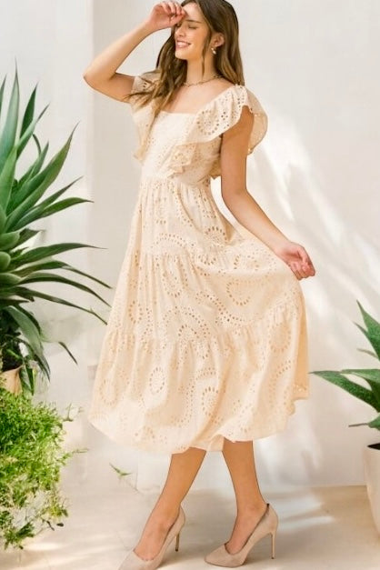 Summer Cottage Cotton Eyelet Ruffle Sleeve Midi Dress