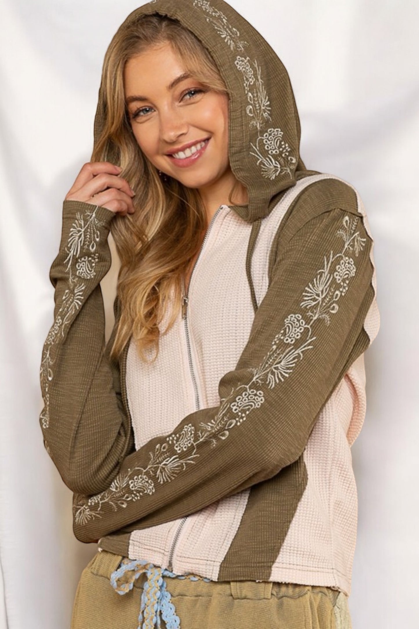 Beach Bonfire Waffle + Rib Embroidered Zip Up Hoodie