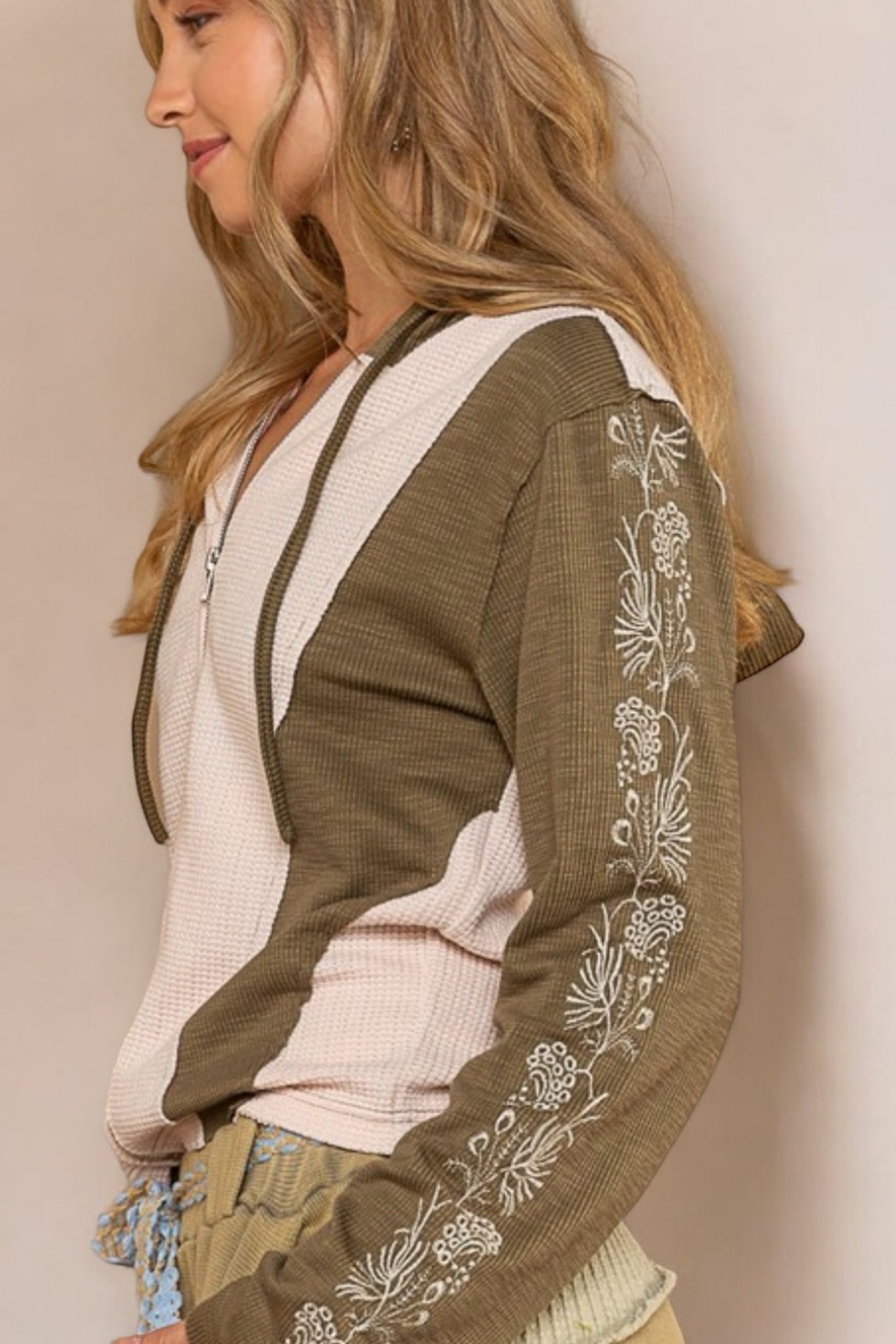 Beach Bonfire Waffle + Rib Embroidered Zip Up Hoodie
