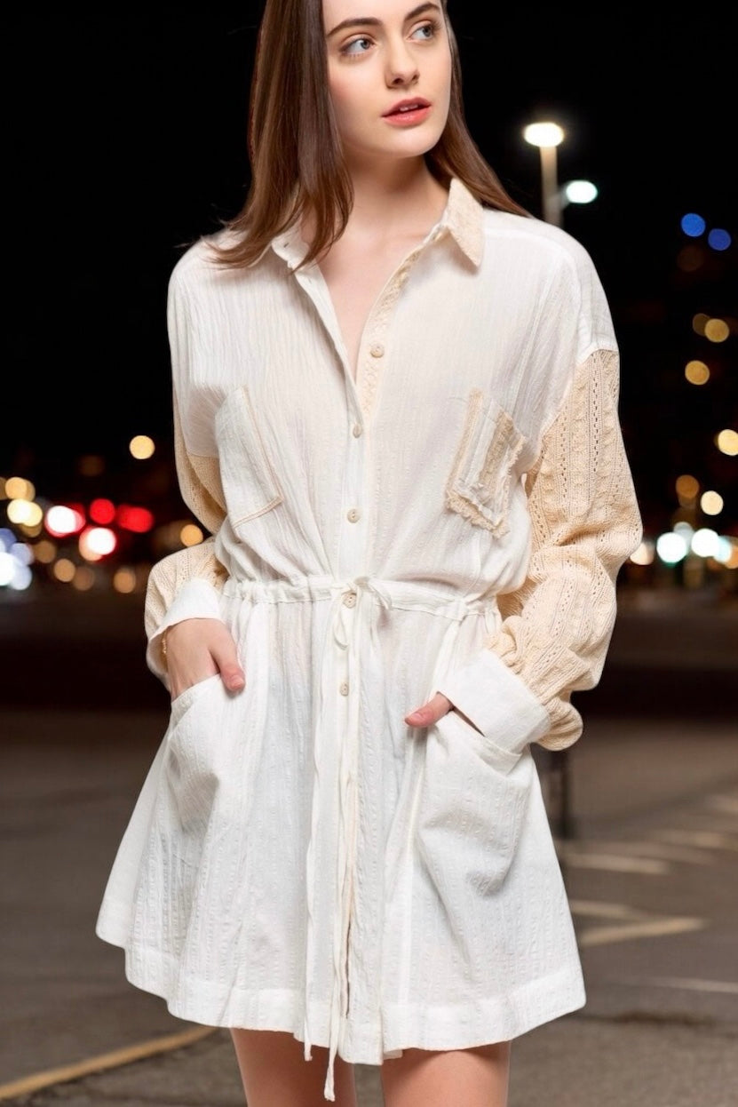 Fresh Take Lace Sleeve Tie Waist Shirt Dress
