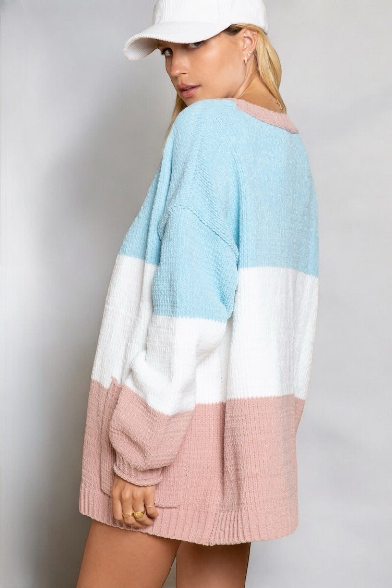 Going Places Chenille 3 Color Striped Button Down Cardi