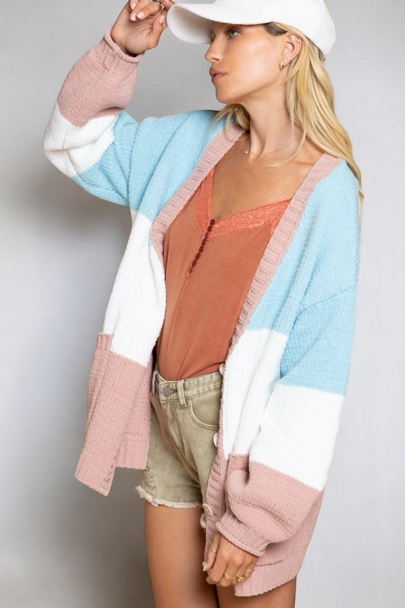 Going Places Chenille 3 Color Striped Button Down Cardi