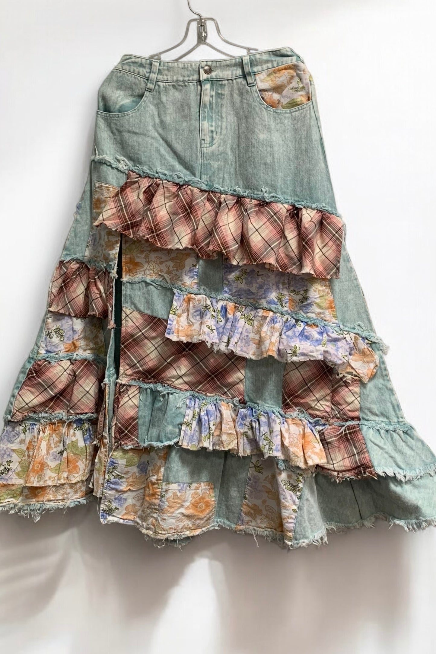 Summer Solstice Floral + Plaid Patchwork Ruffled Denim Maxi (2 Colors)