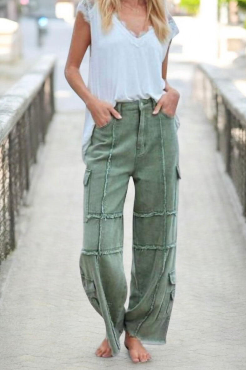 Cool in Cargo Reverse Seamed Frayed Straight Wide Leg Jeans (2 Colors)