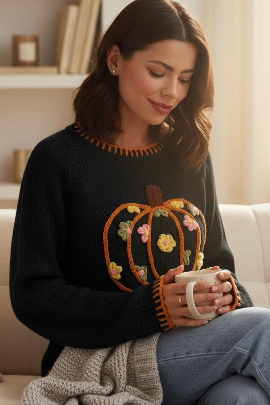 Harvest Bloom Pumpkin Embroidered Crochet Flower Sweater | Black