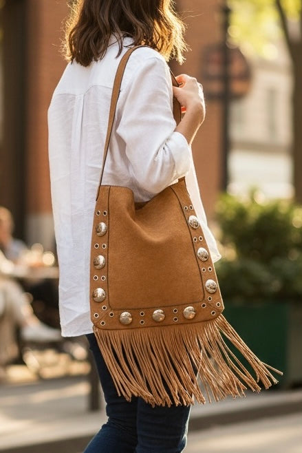 tan vegan suede medium size fringe tote with silver studs for boho western or festival looks