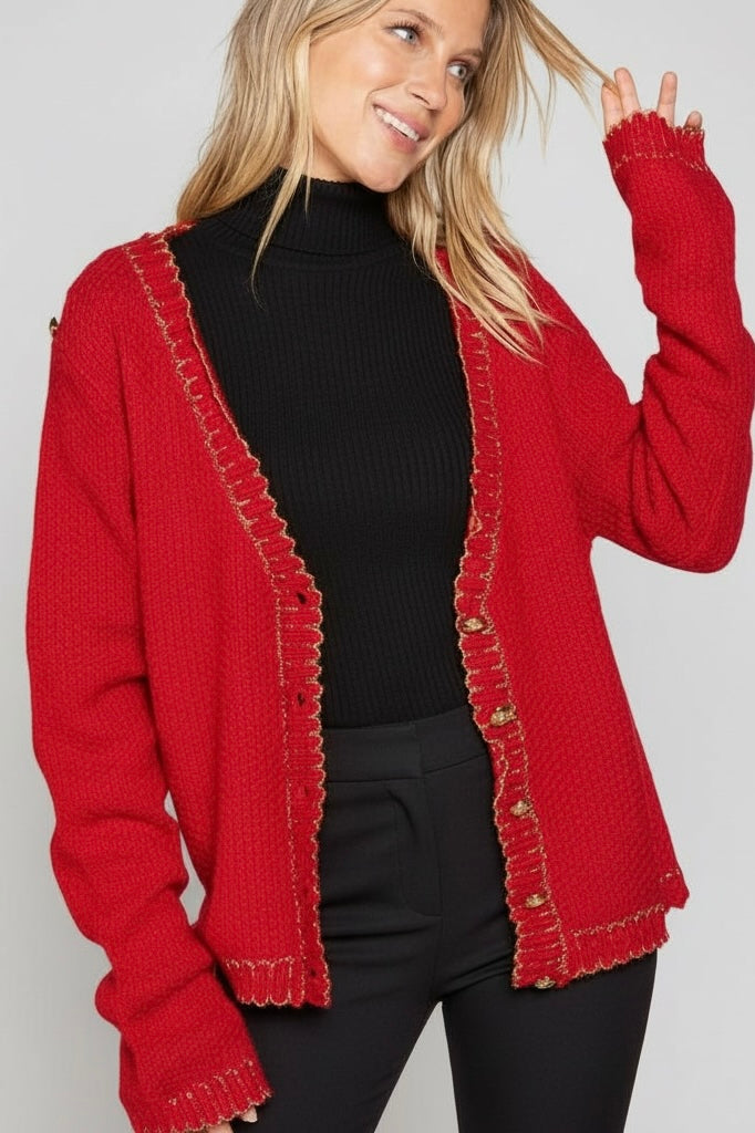 Red Textured Knit Cardigan | Gold Trim Button Front Sweater – xoxo