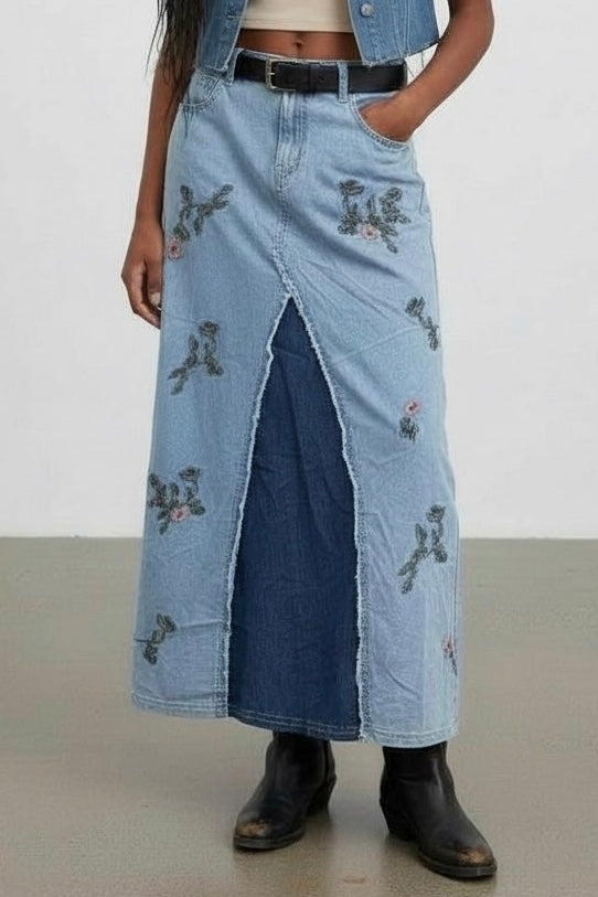 Catch The Sun Embroidered Mixed Denim Maxi Skirt