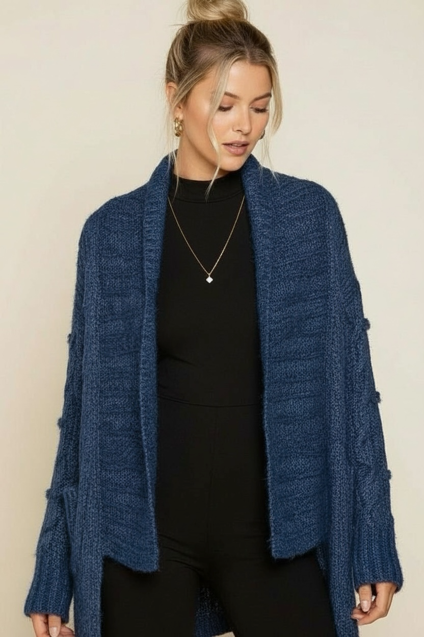 Moonlight Ocean Shawl Collar Cable Knit Cardigan