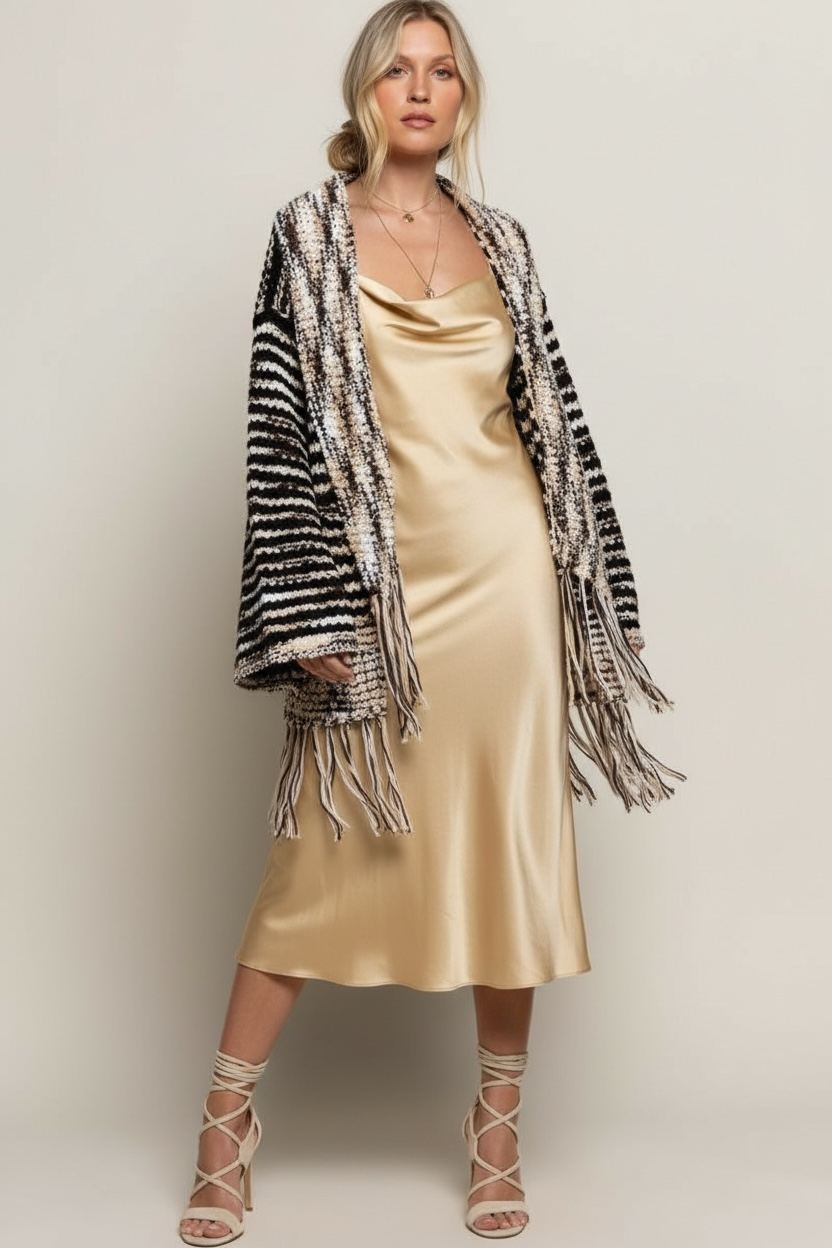 Wintered Woods Striped Cardigan with Tassel Fringe
