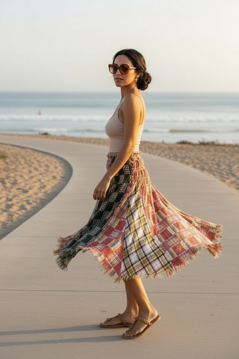 POL Red Plaid Patchwork Smocked Convertible Midi Skirt – xoxo, klowe