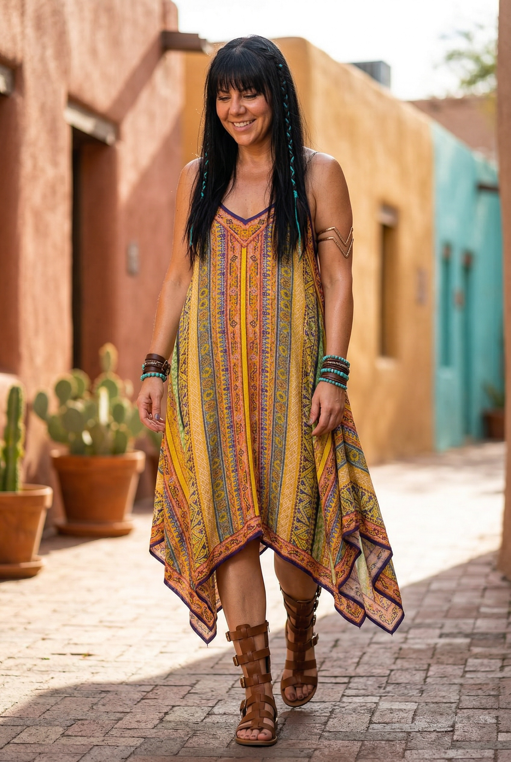 Yellow Print Handkerchief Hem Midi Dress V Neck Sleeveless