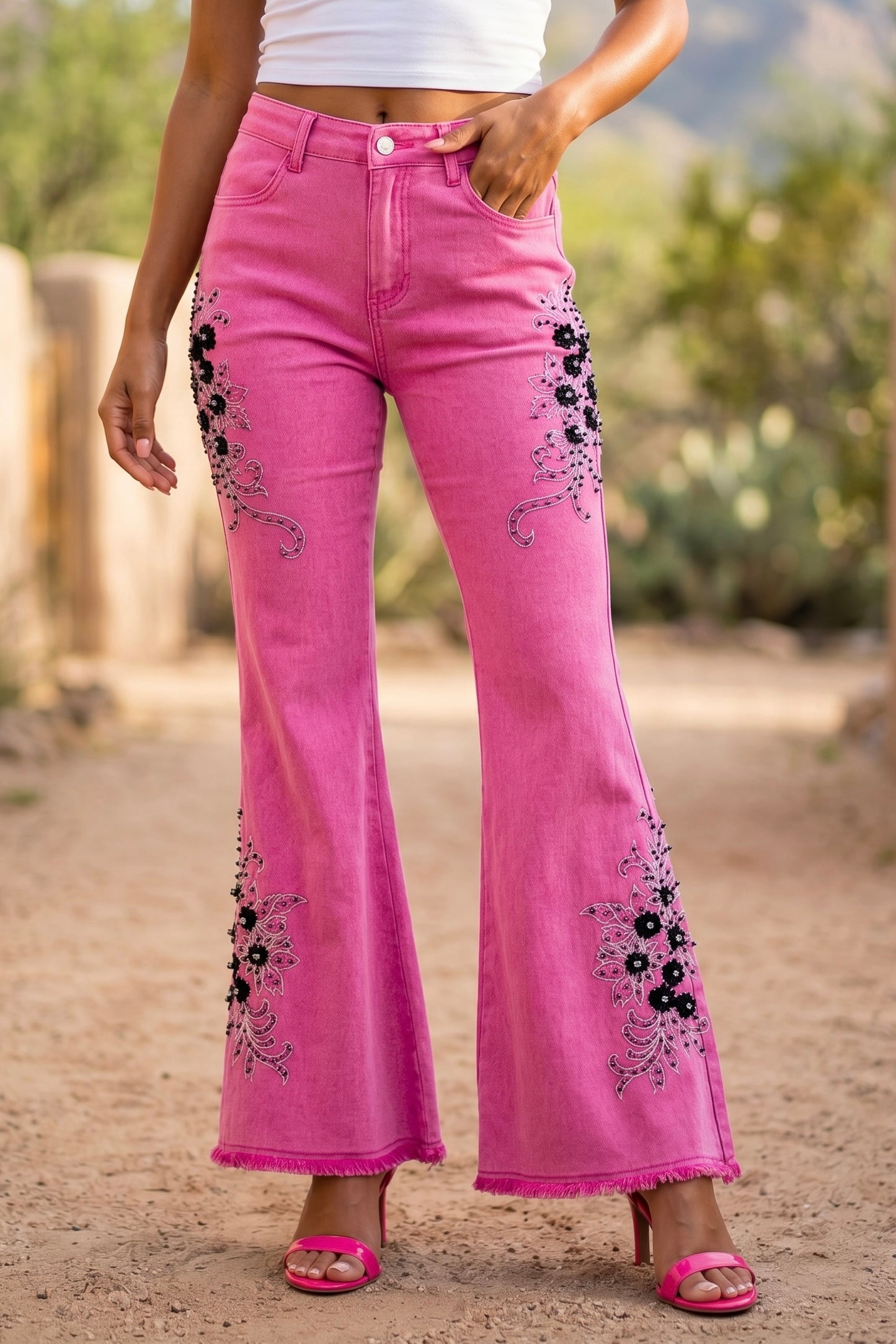 Wild At Heart Retro 90s Embroidered + Embellished Flares (2 Colors)