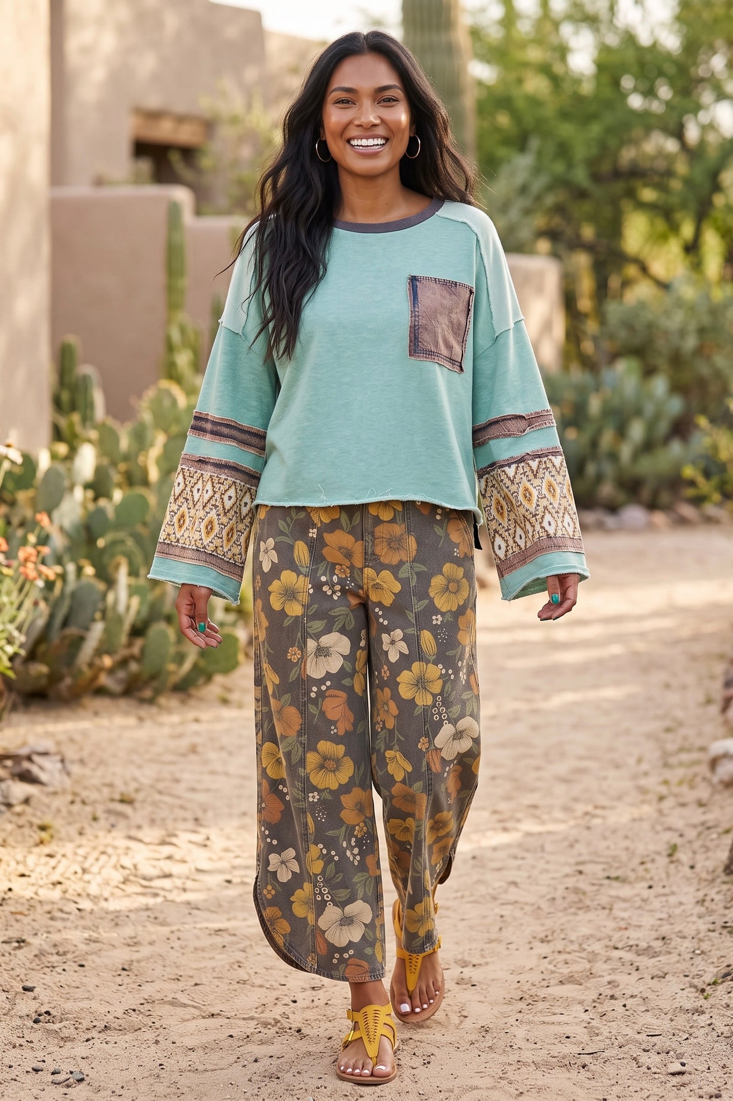Desert Mosaic Mineral Washed Mixed Media Knit Top