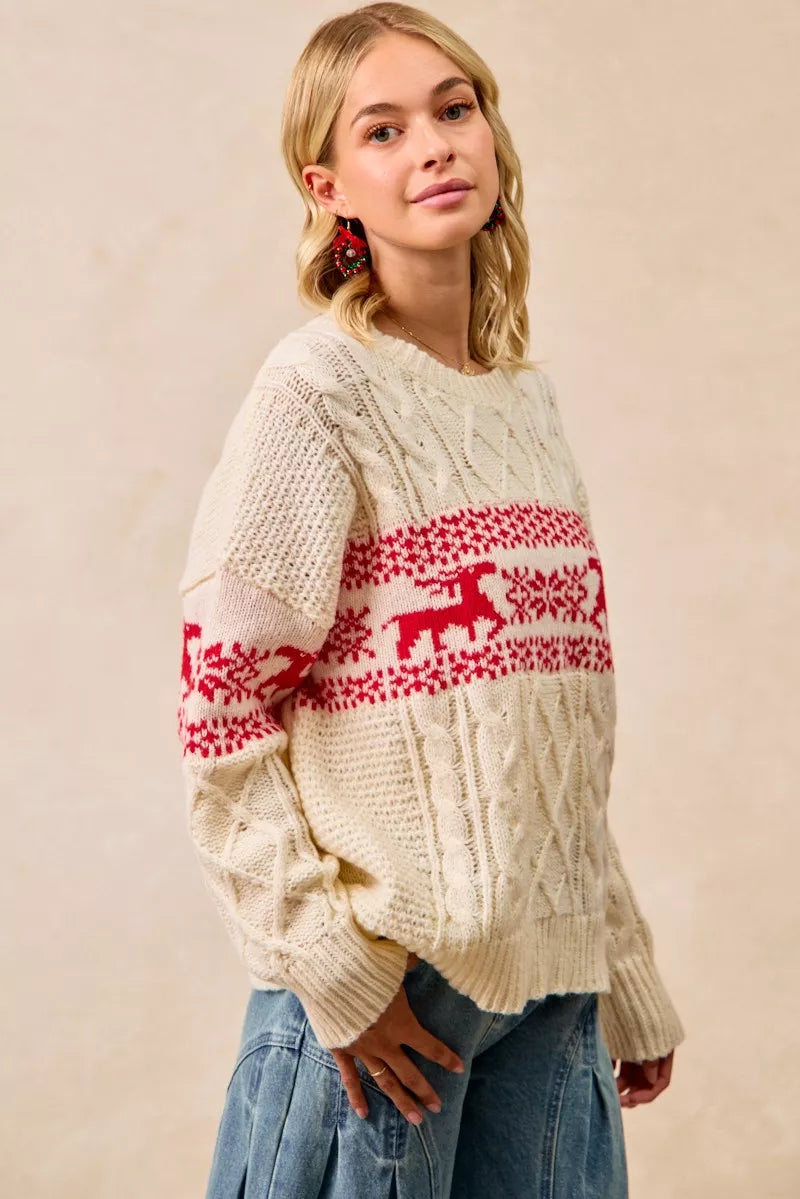 women’s cream and red winter patterned cable knit sweater styled with jeans for casual preppy style