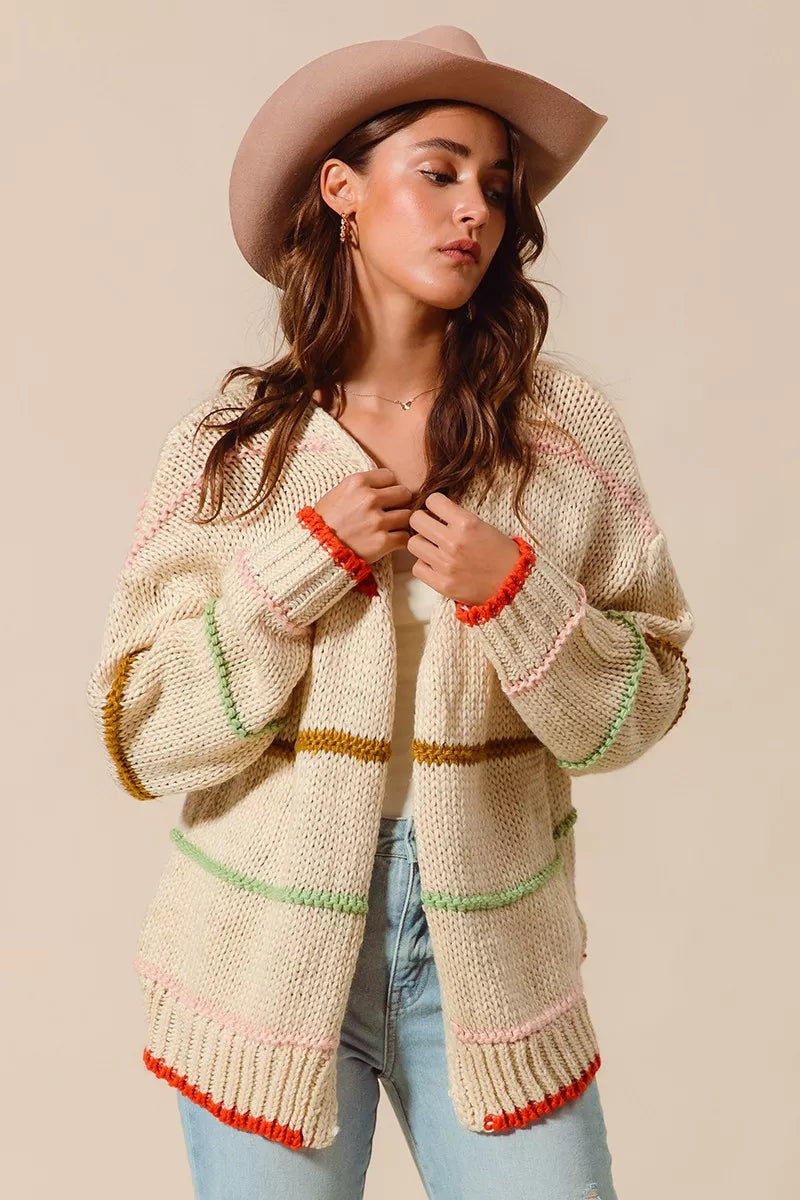 oatmeal striped knit cardigan with long open front design, a minimal chic fall layering sweater