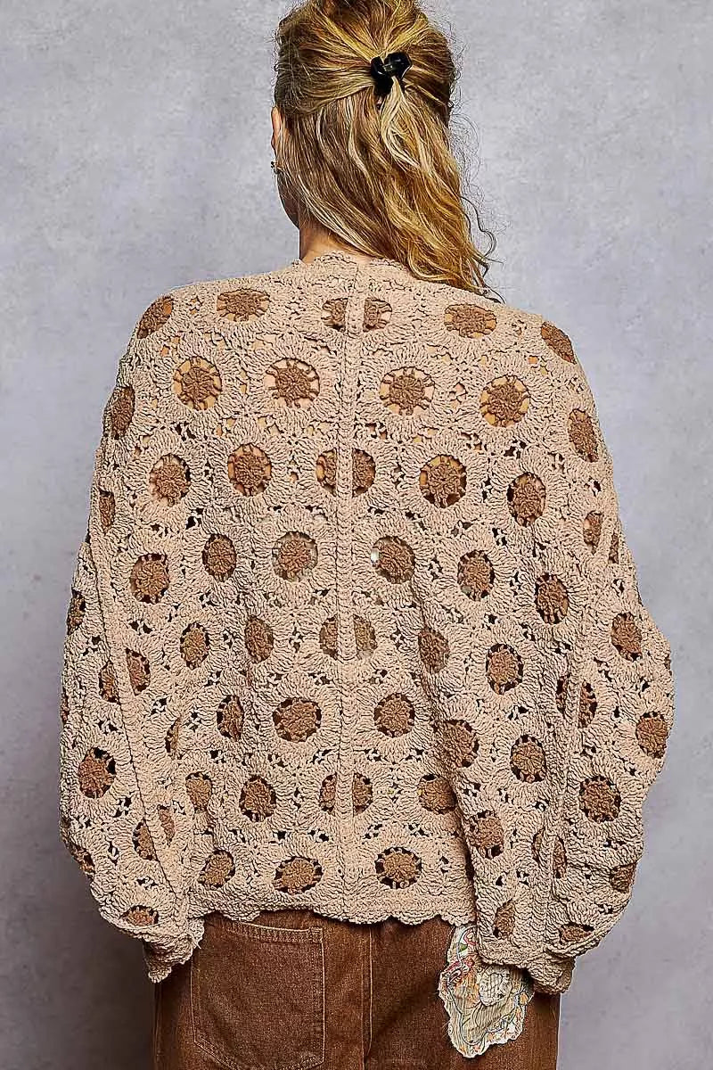 floral crochet beige chenille cardigan with scalloped trim, one-size relaxed drape, and cozy fall texture