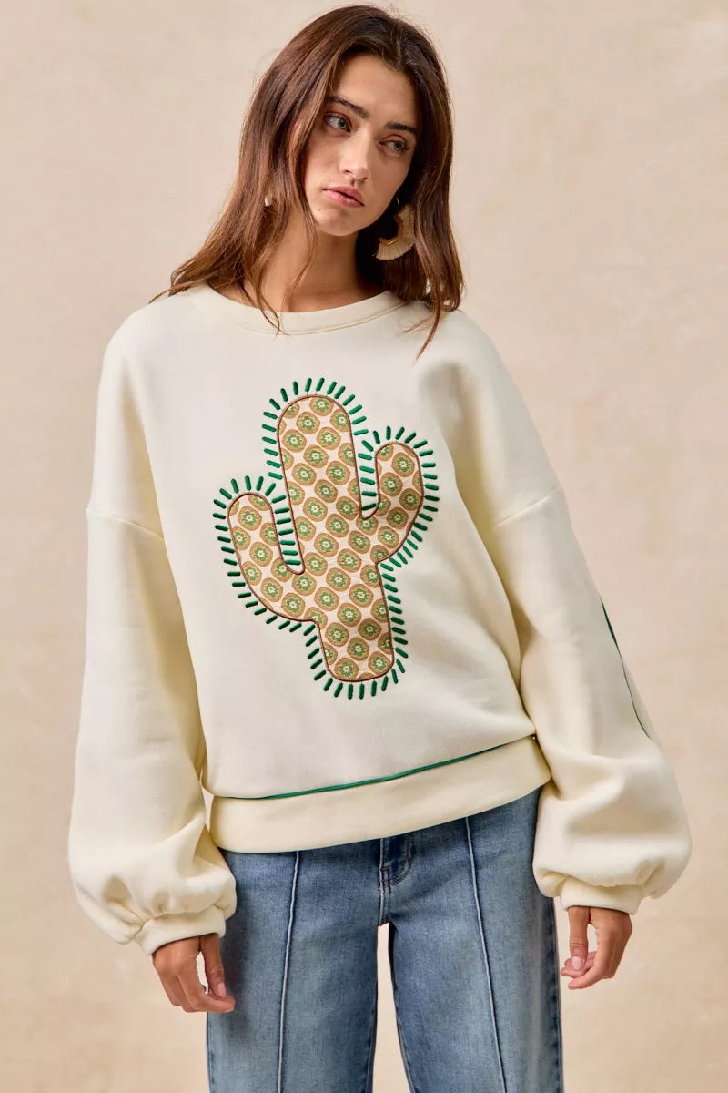 Boho Cactus embroidered balloon sleeve fleece sweatshirt for women with luxe desert glam style