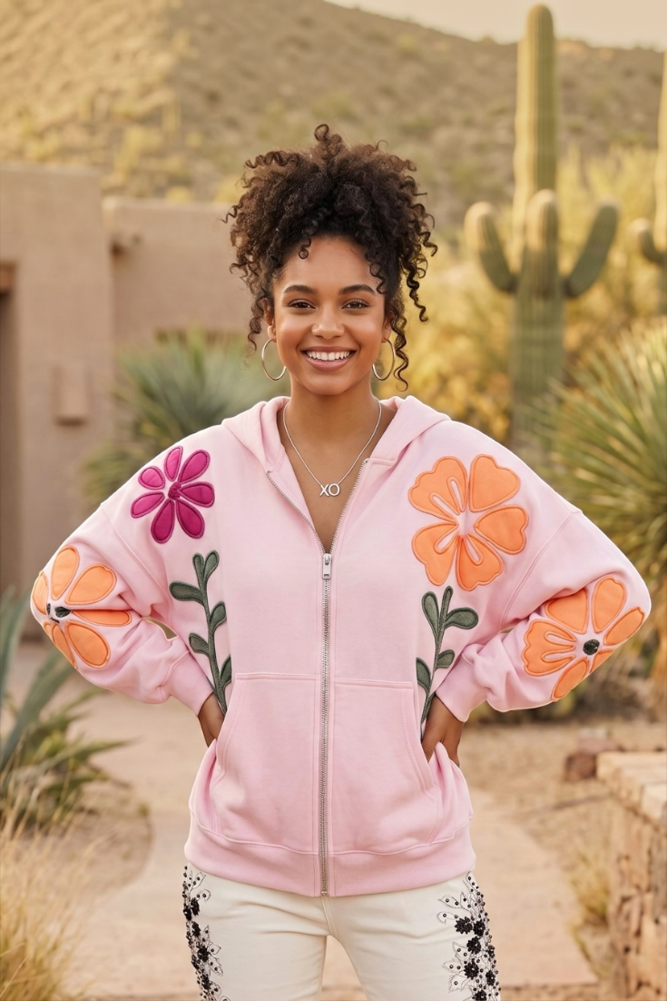 Pink zip up hoodie showcasing contrast orange and magenta flower appliqués with split pockets