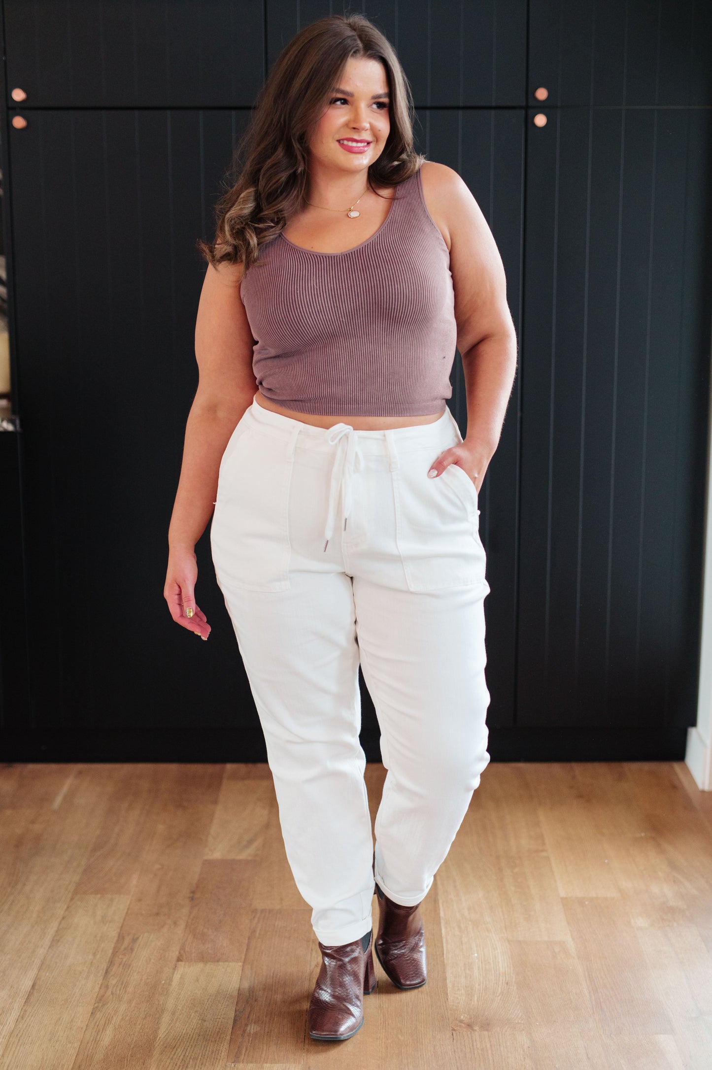Charlene Ecru High Rise Drawstring Waist Jogger Jeans