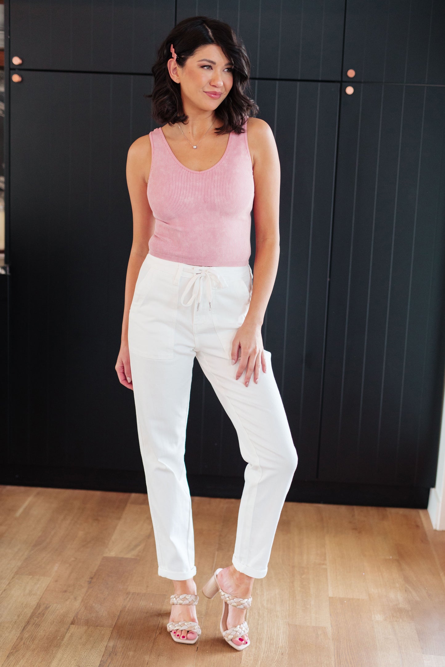 Charlene Ecru High Rise Drawstring Waist Jogger Jeans