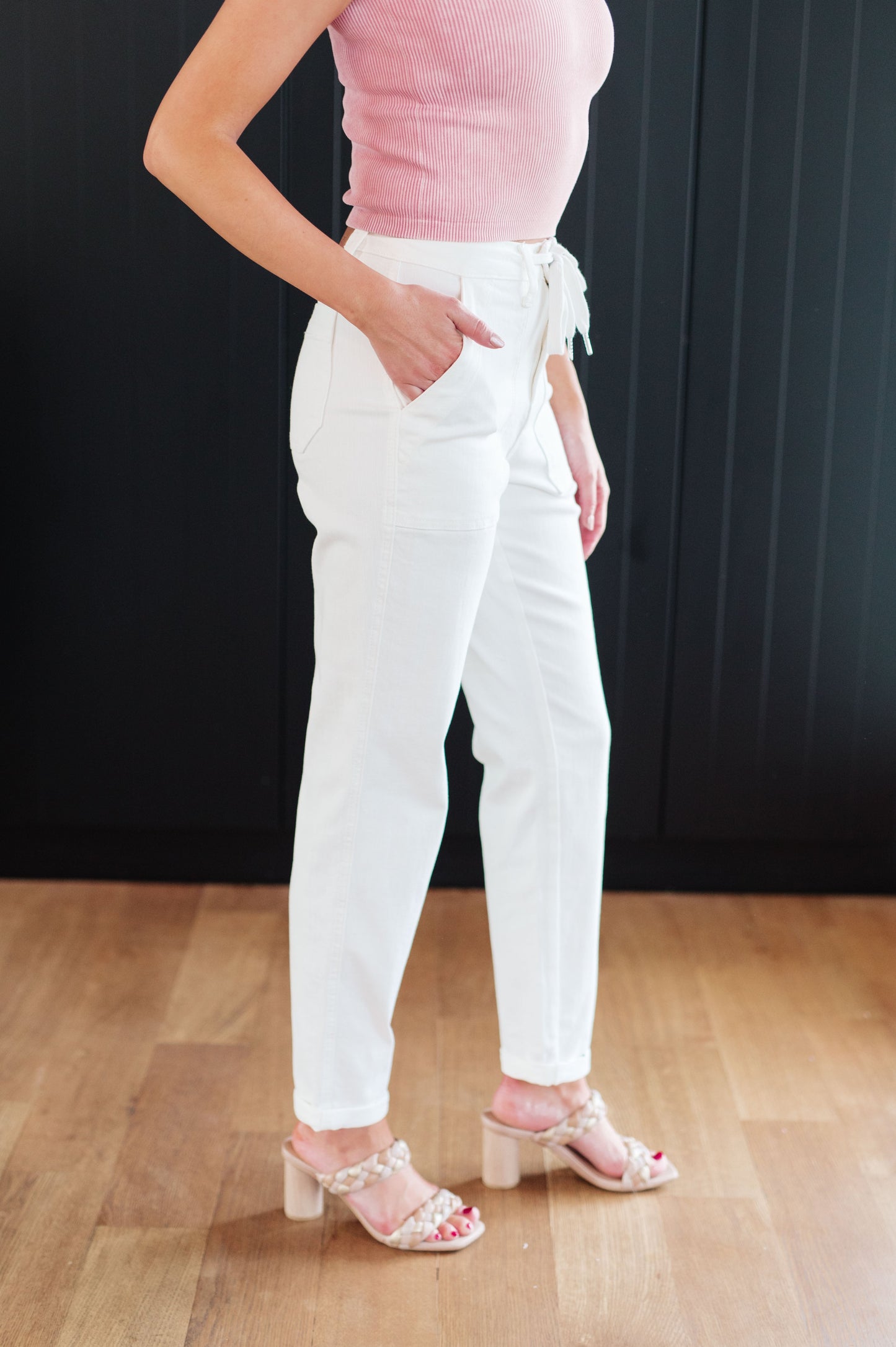 Charlene Ecru High Rise Drawstring Waist Jogger Jeans