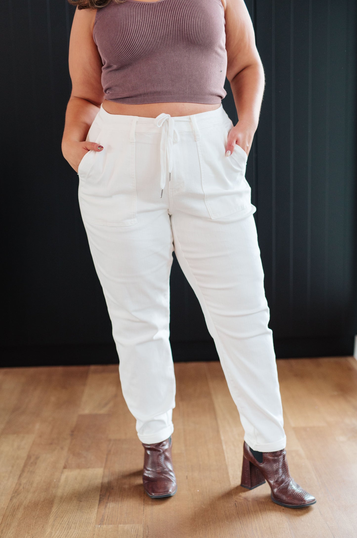 Charlene Ecru High Rise Drawstring Waist Jogger Jeans