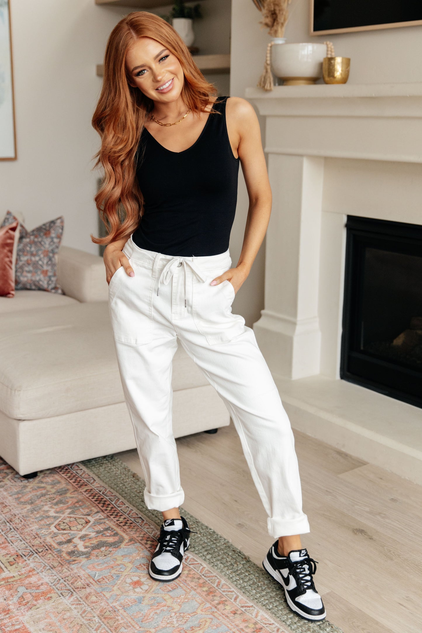 Charlene Ecru High Rise Drawstring Waist Jogger Jeans
