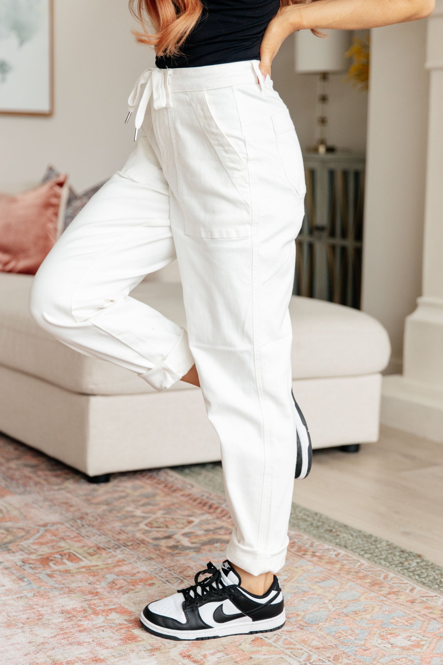 Charlene Ecru High Rise Drawstring Waist Jogger Jeans
