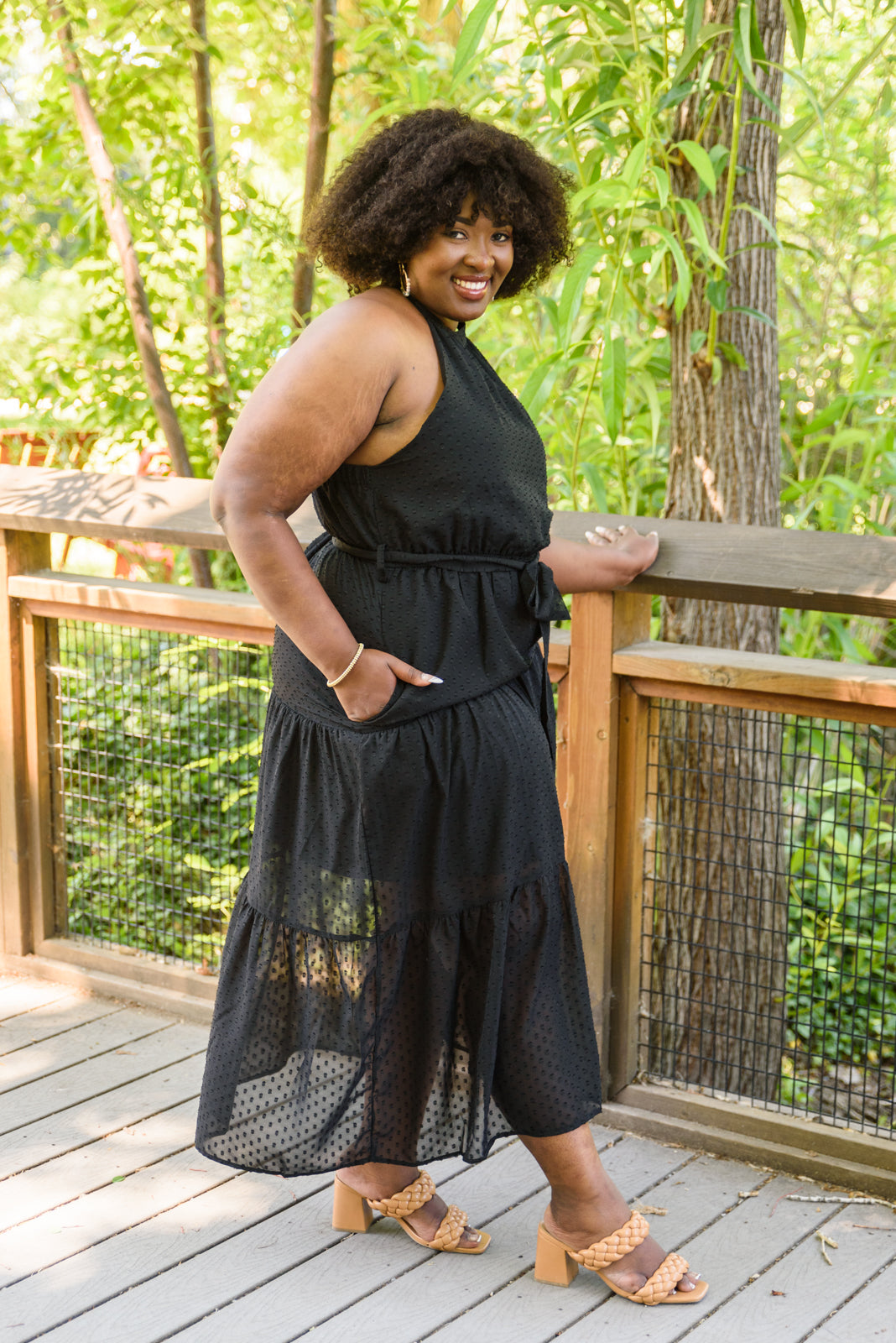Check Mate Swiss Dot Elastic Waist Halter Neck Chiffon Maxi Dress