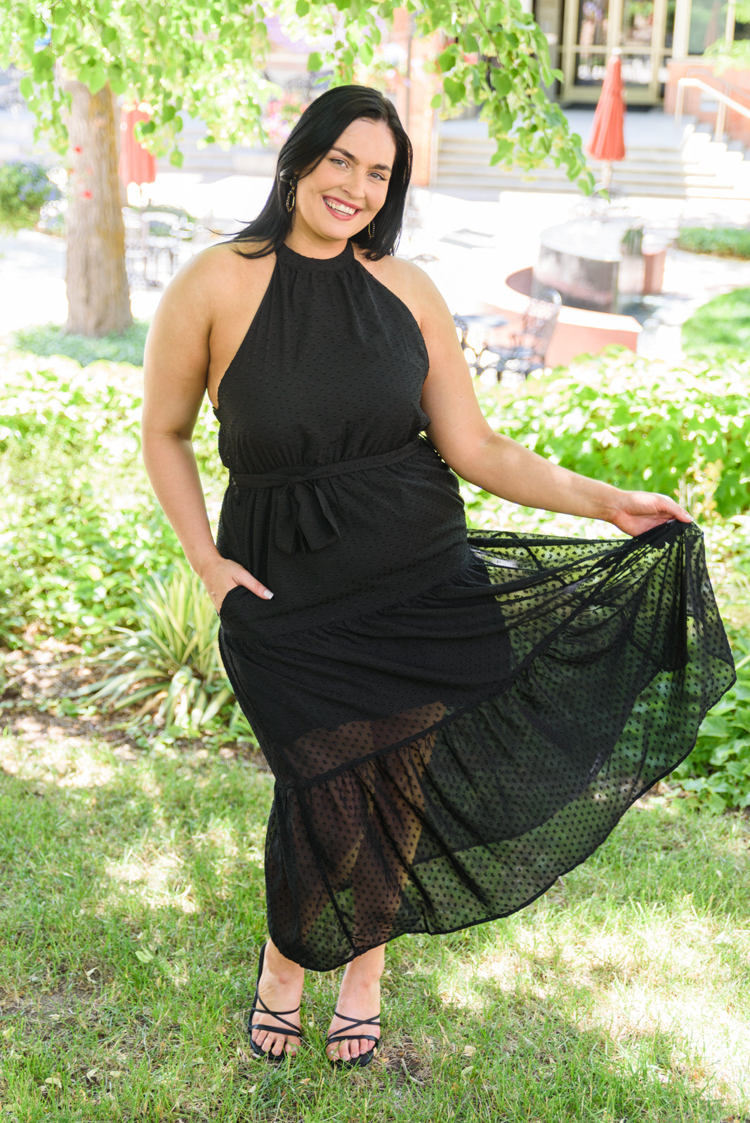 Check Mate Swiss Dot Elastic Waist Halter Neck Chiffon Maxi Dress