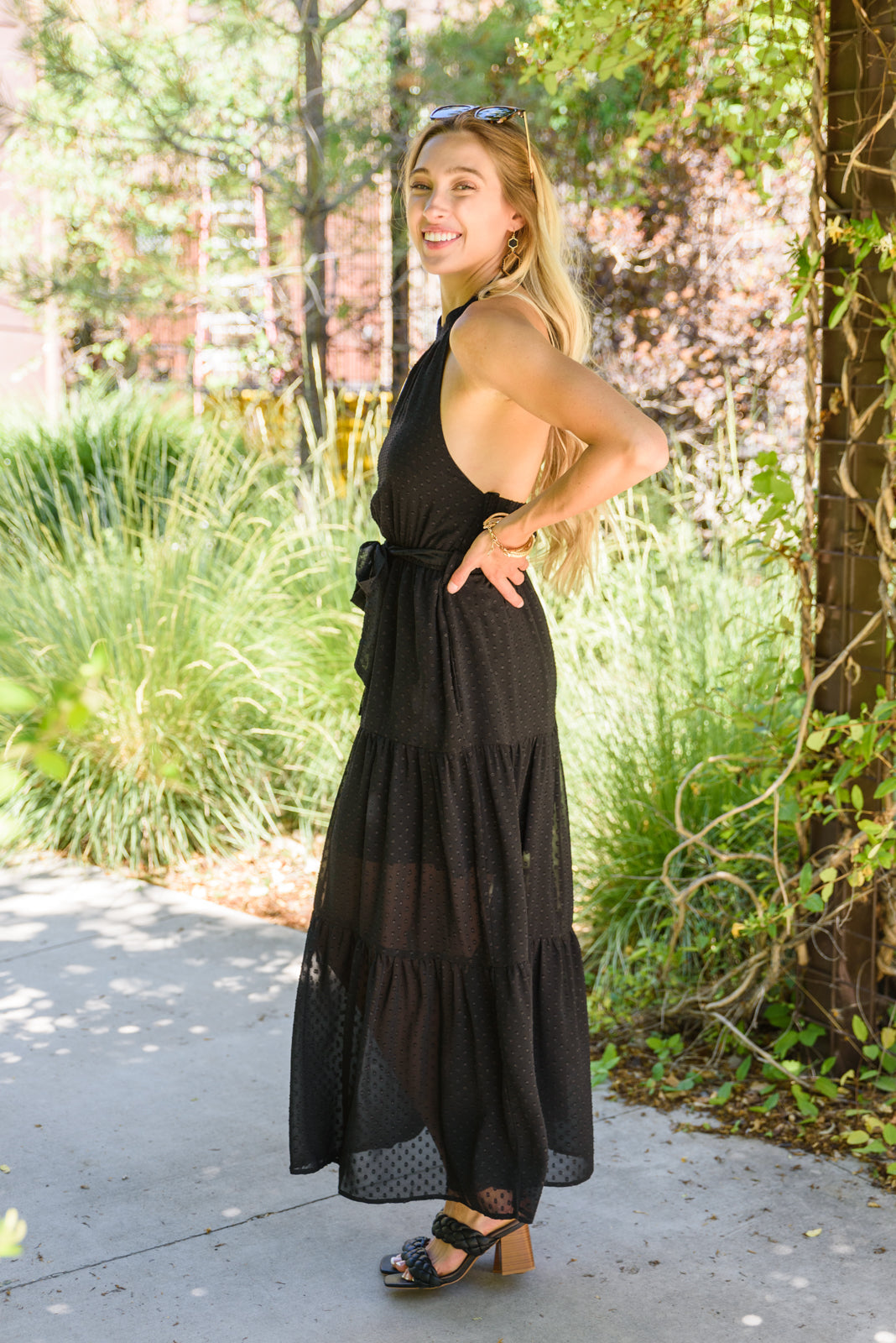 Check Mate Swiss Dot Elastic Waist Halter Neck Chiffon Maxi Dress