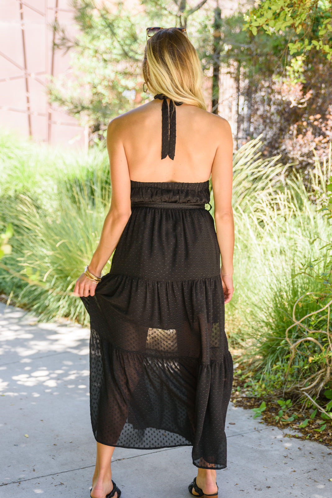 Check Mate Swiss Dot Elastic Waist Halter Neck Chiffon Maxi Dress