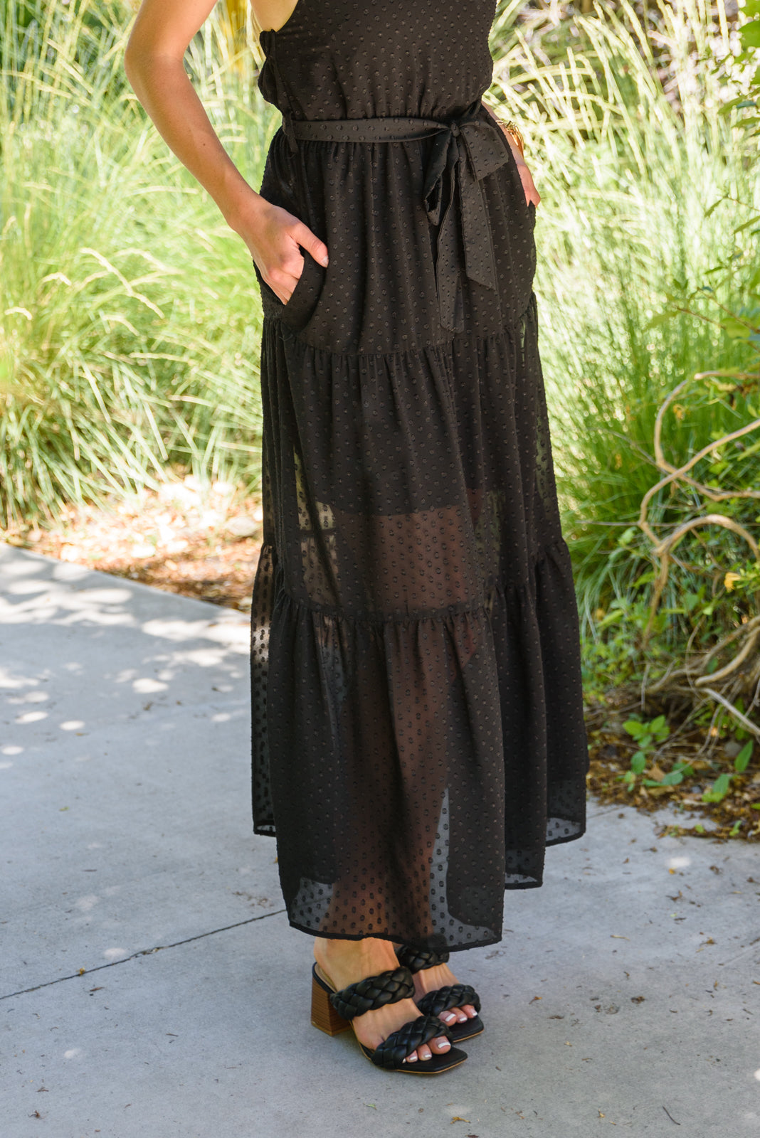 Check Mate Swiss Dot Elastic Waist Halter Neck Chiffon Maxi Dress