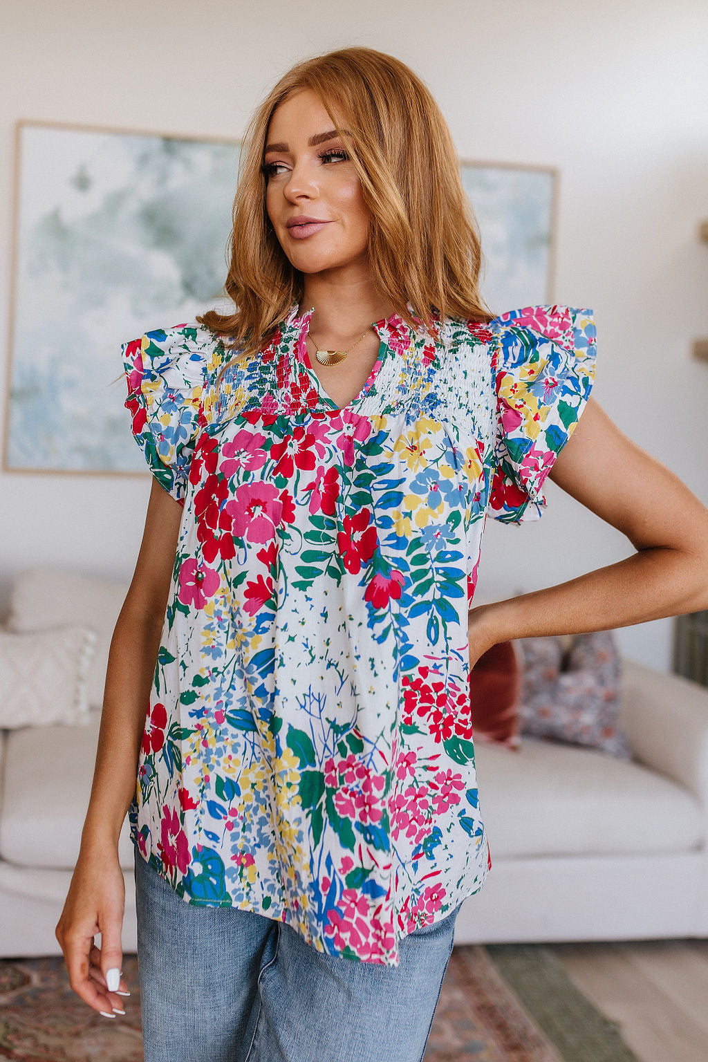 Floral Impressions Flutter Sleeve Cotton Blouse