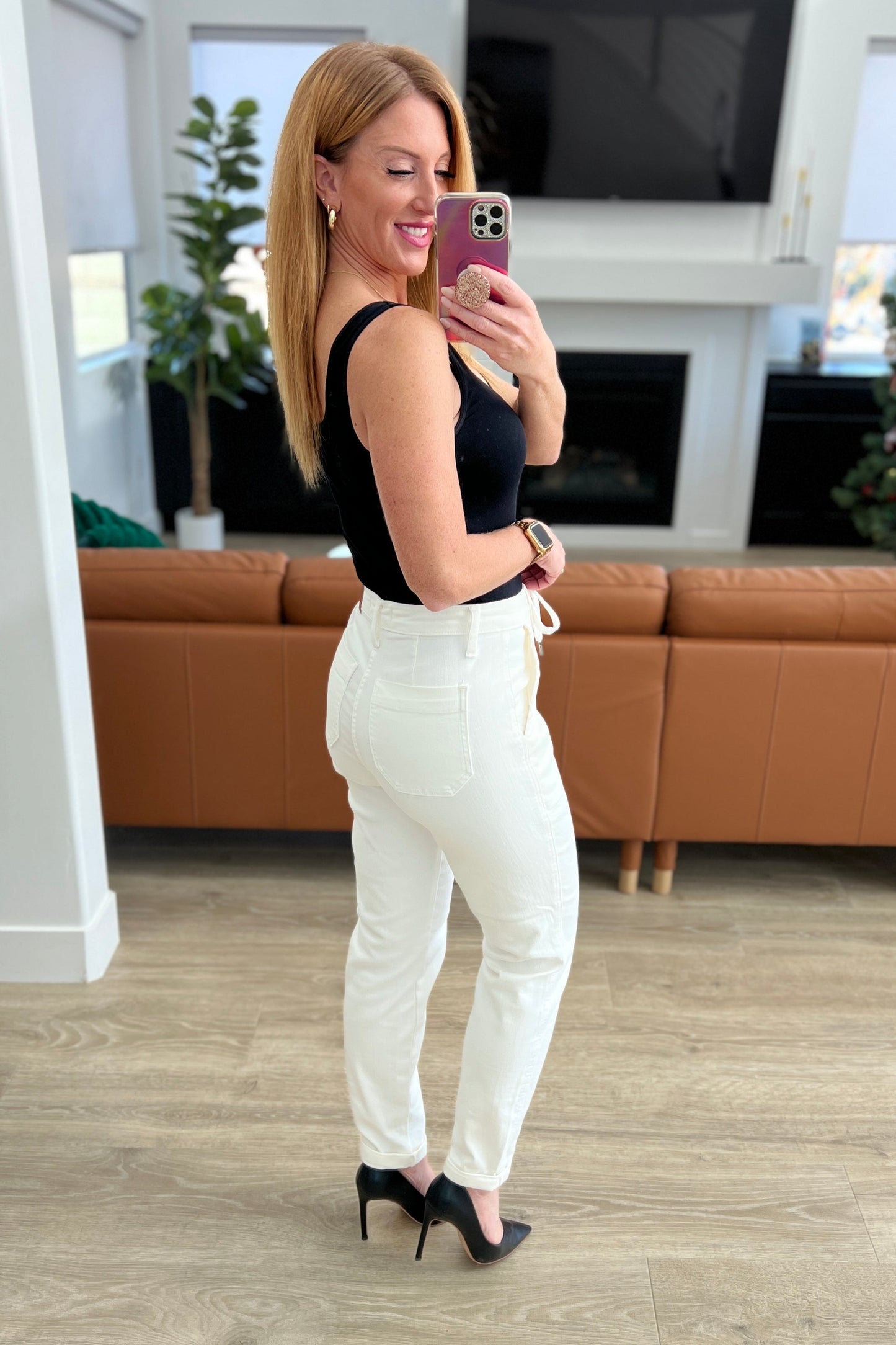 Charlene Ecru High Rise Drawstring Waist Jogger Jeans