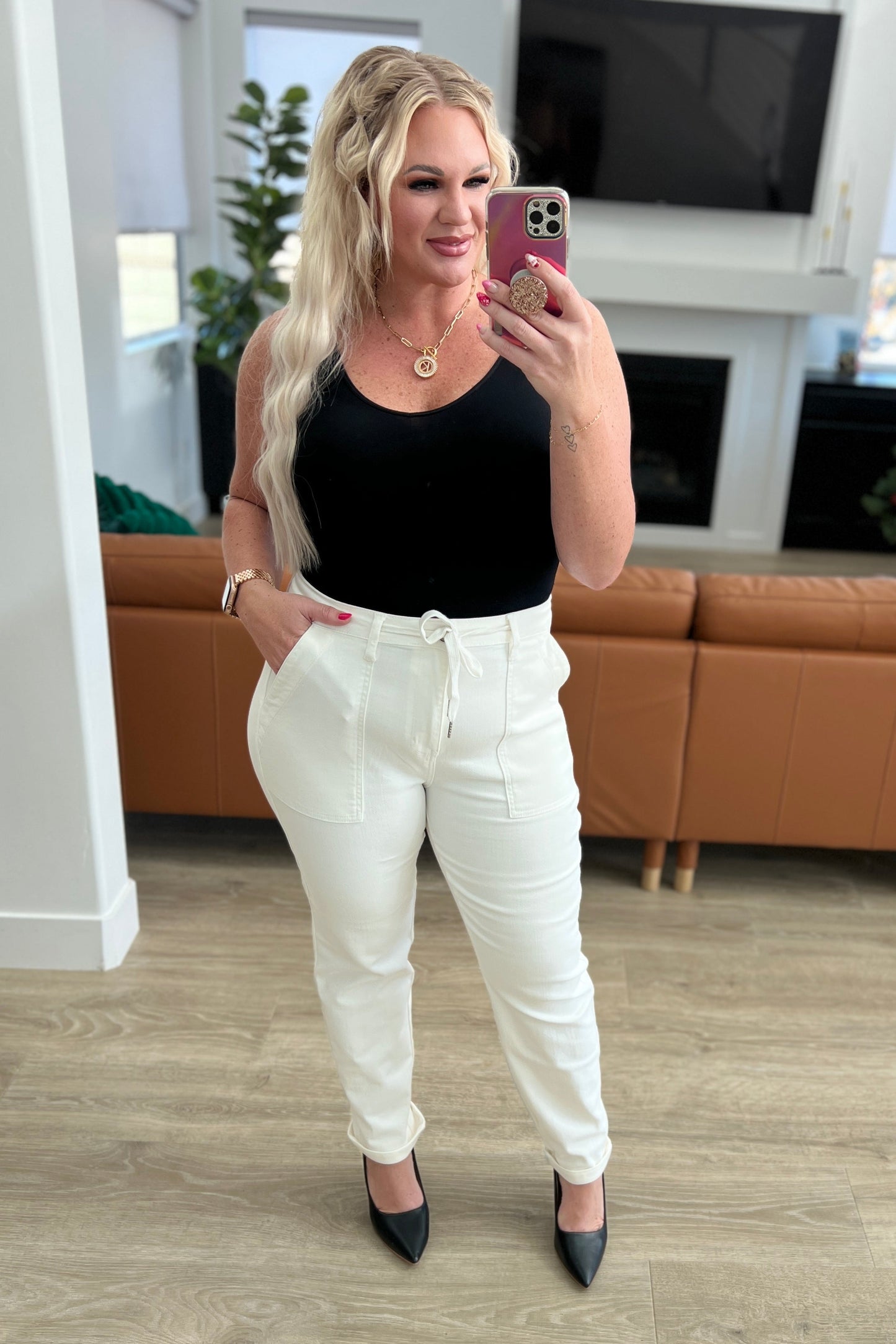 Charlene Ecru High Rise Drawstring Waist Jogger Jeans