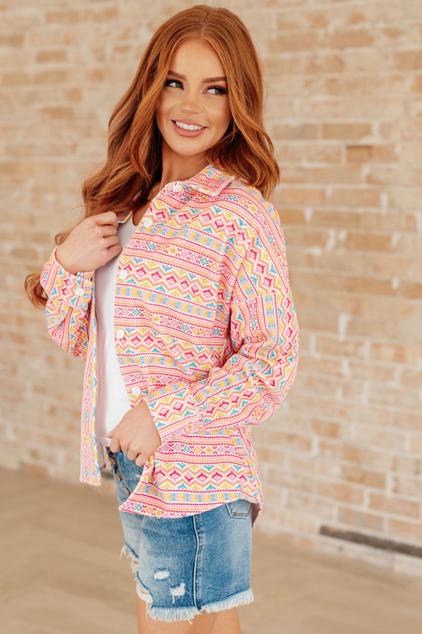 Imagine Colorful Geo Print Stretchy Corduroy Button Down Shirt