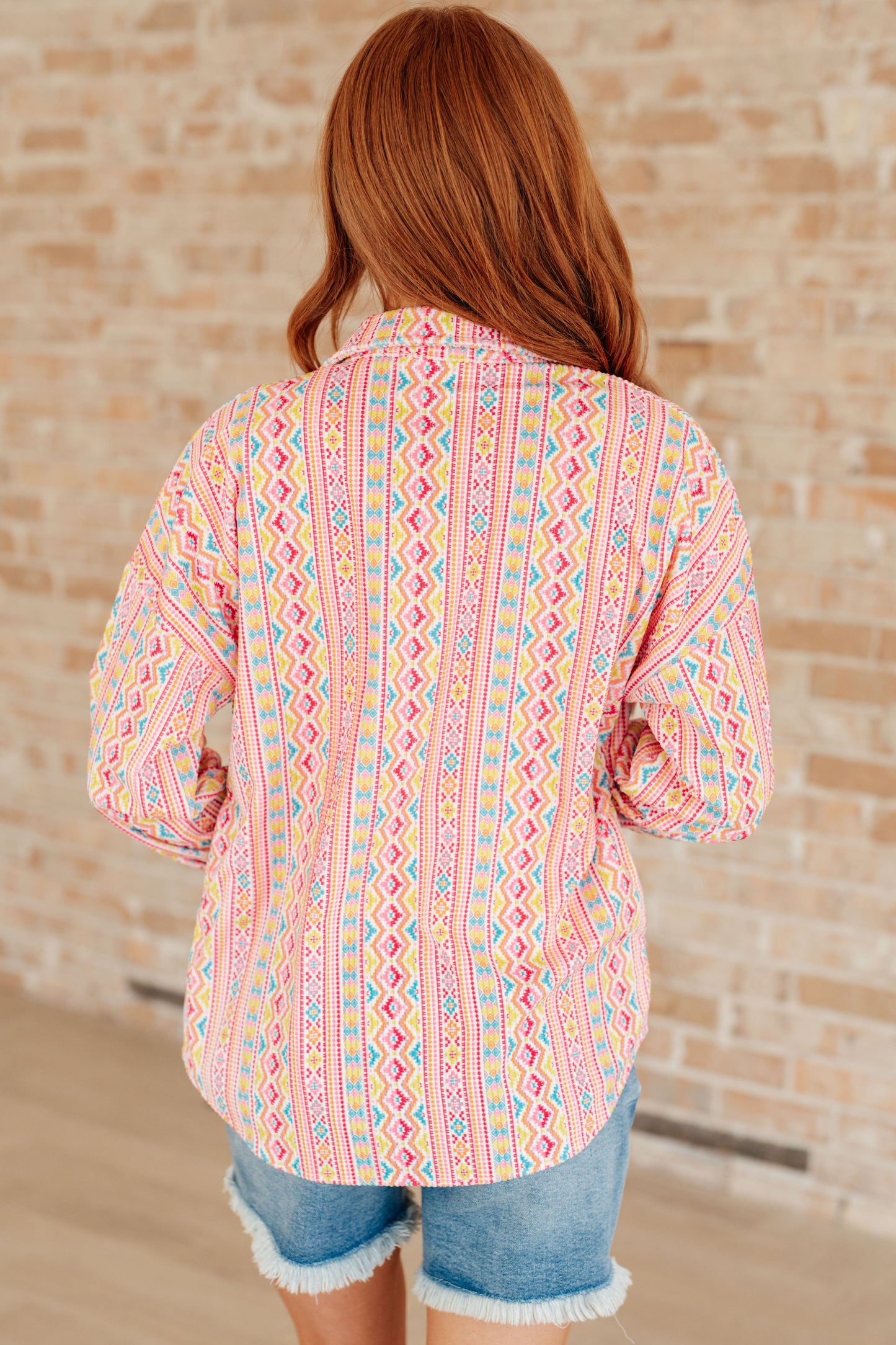 Imagine Colorful Geo Print Stretchy Corduroy Button Down Shirt