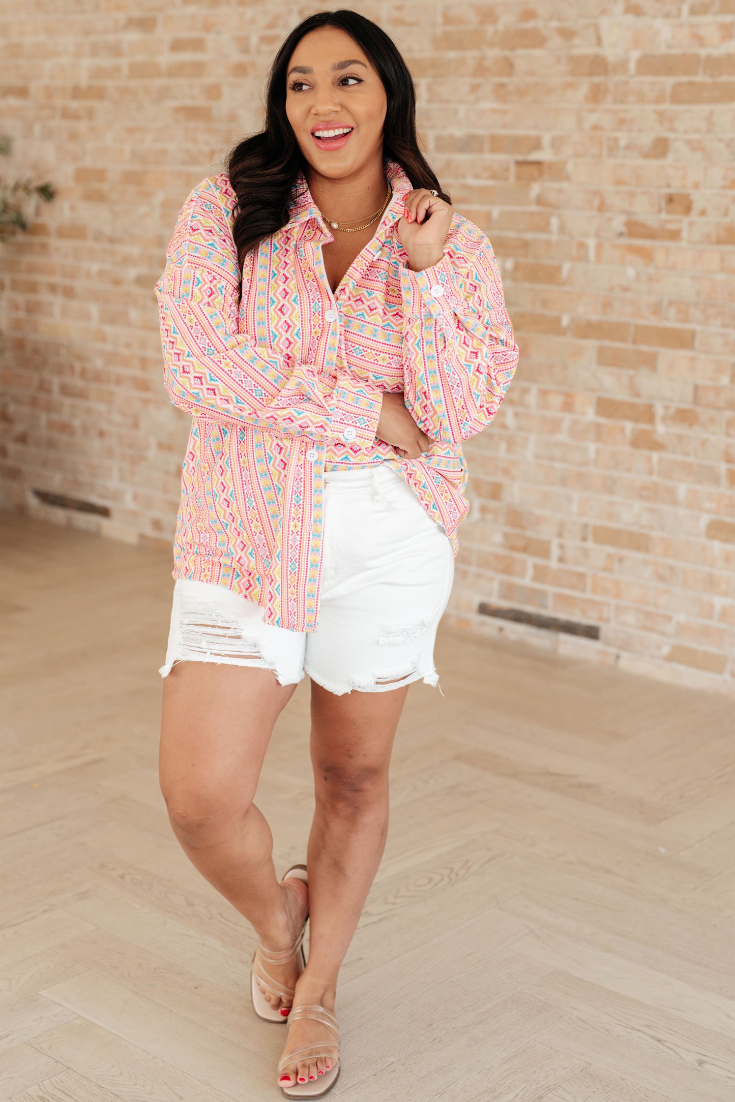Imagine Colorful Geo Print Stretchy Corduroy Button Down Shirt
