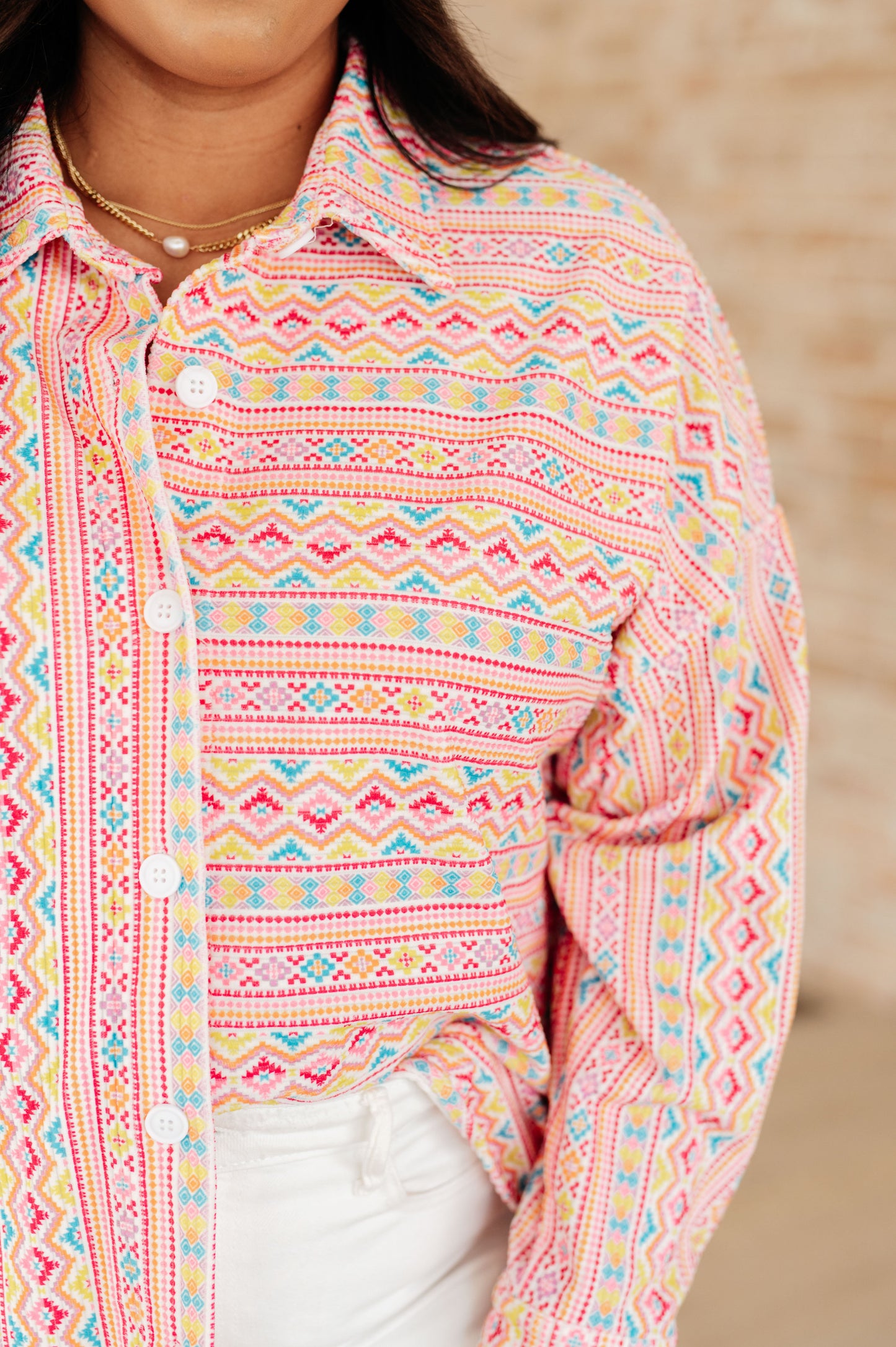 Imagine Colorful Geo Print Stretchy Corduroy Button Down Shirt