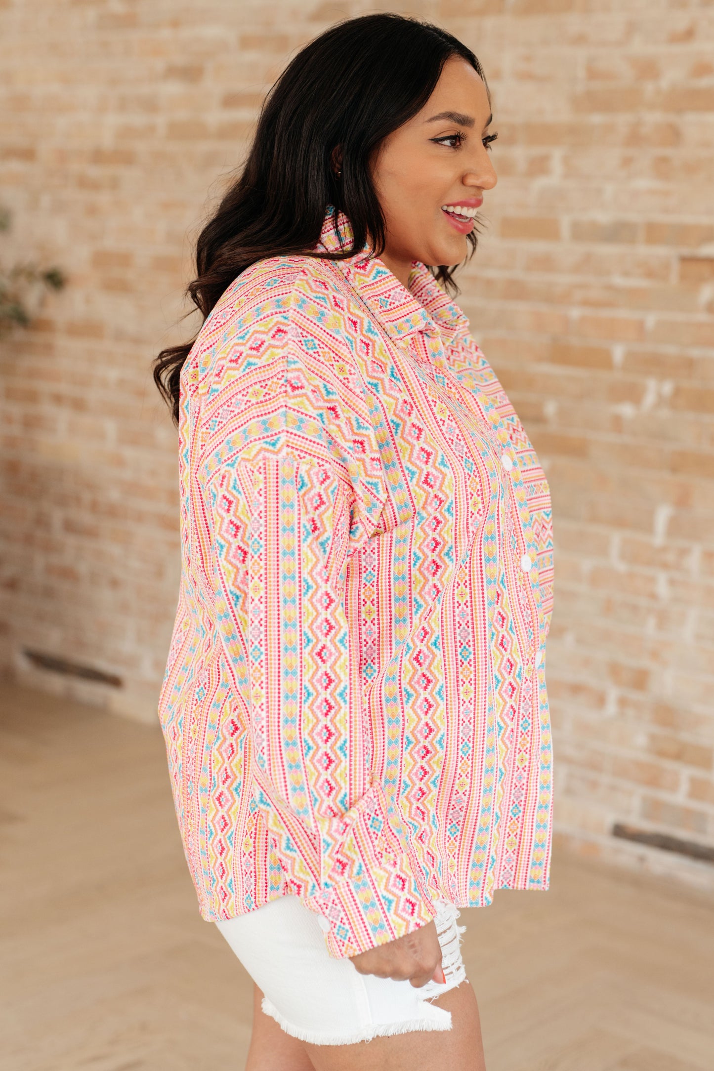 Imagine Colorful Geo Print Stretchy Corduroy Button Down Shirt