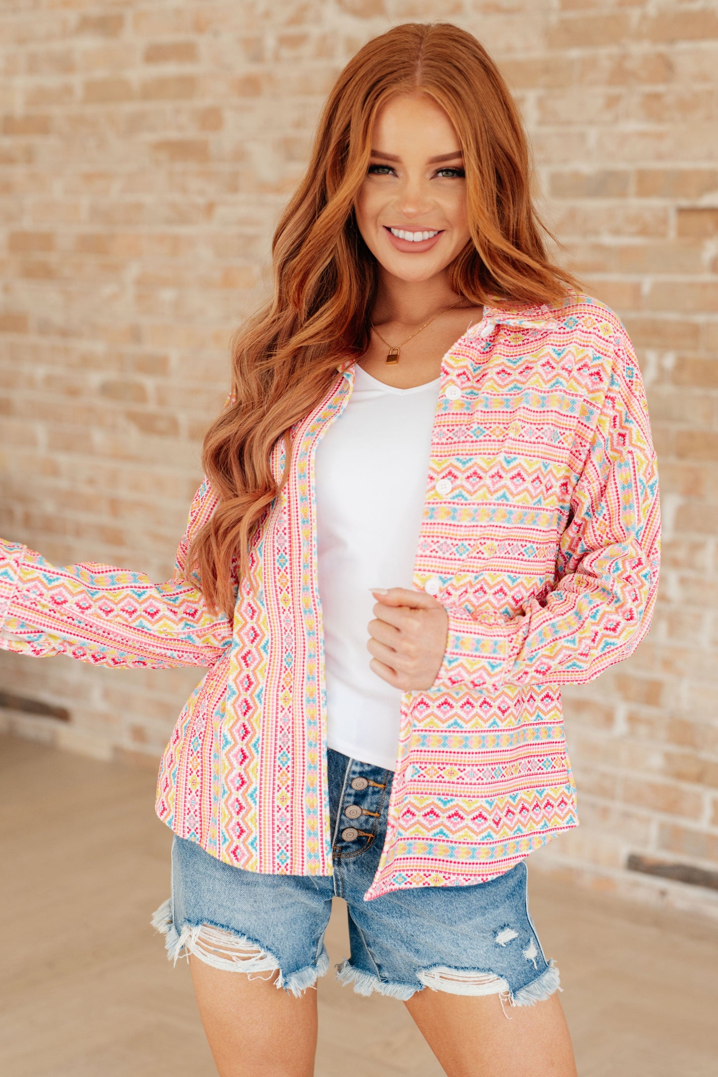 Imagine Colorful Geo Print Stretchy Corduroy Button Down Shirt