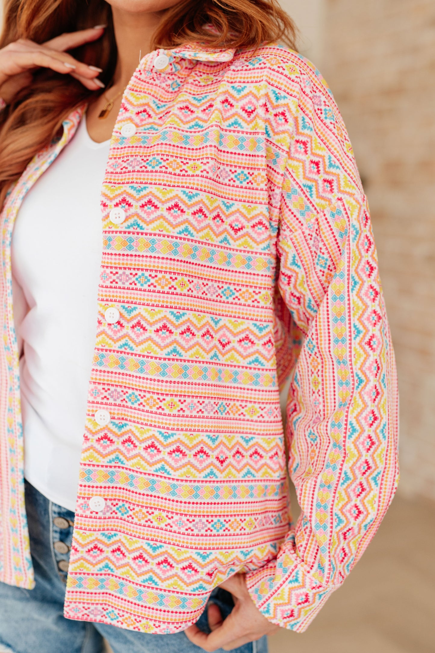 Imagine Colorful Geo Print Stretchy Corduroy Button Down Shirt