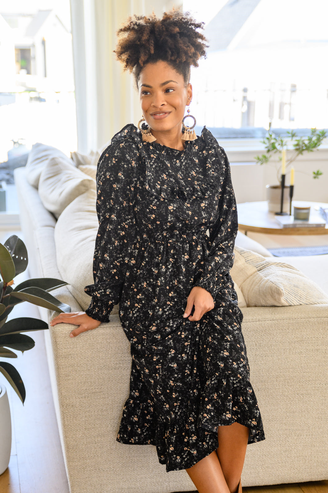 Larissa Ditzy Floral Long Sleeve Ruffle Hem Midi Dress