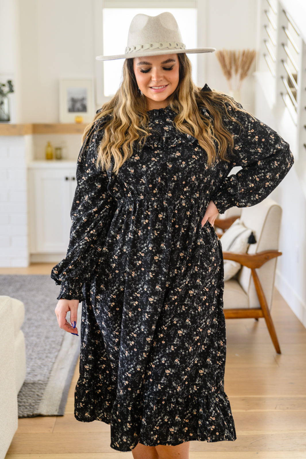 Larissa Ditzy Floral Long Sleeve Ruffle Hem Midi Dress