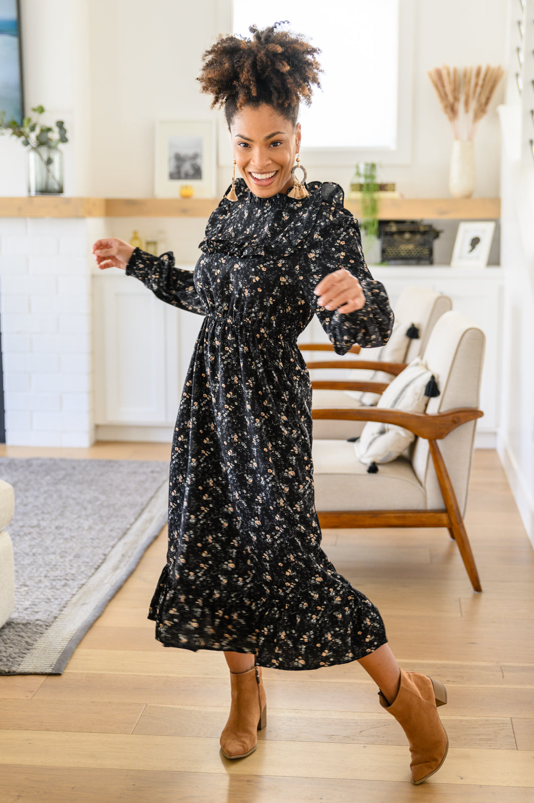 Larissa Ditzy Floral Long Sleeve Ruffle Hem Midi Dress
