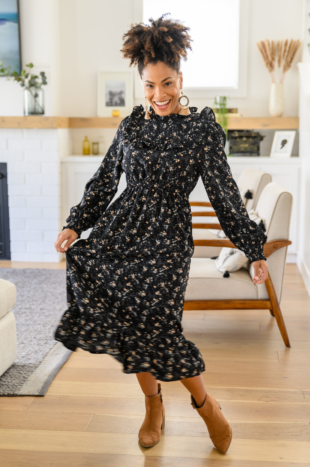 Larissa Ditzy Floral Long Sleeve Ruffle Hem Midi Dress