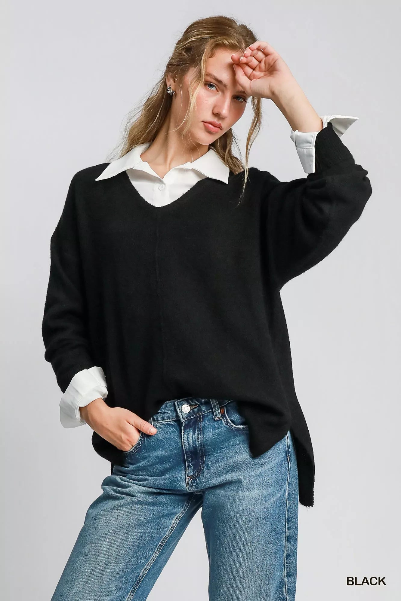 Black wool blend V neck pullover sweater, women’s solid knit with side slits and slouchy fit styled for chic quiet luxe outfits