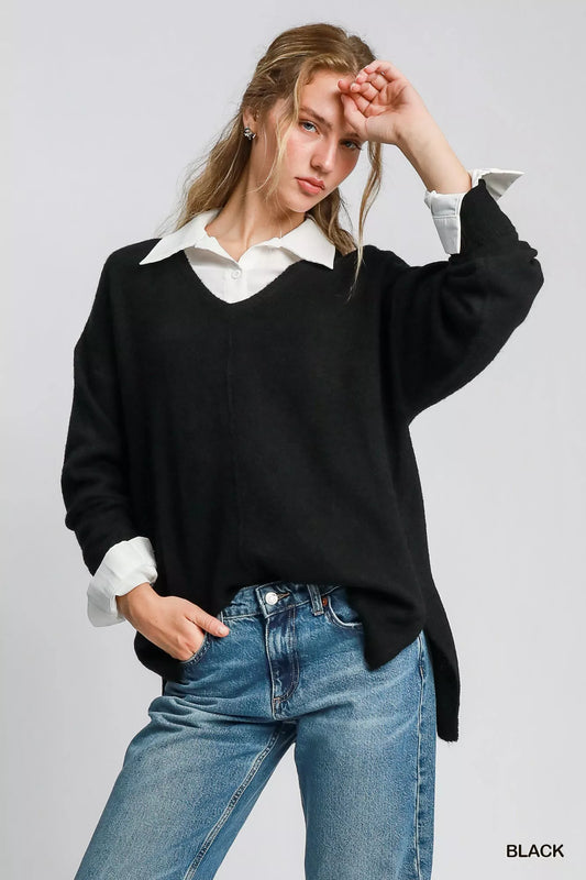 Black wool blend V neck pullover sweater, women’s solid knit with side slits and slouchy fit styled for chic quiet luxe outfits
